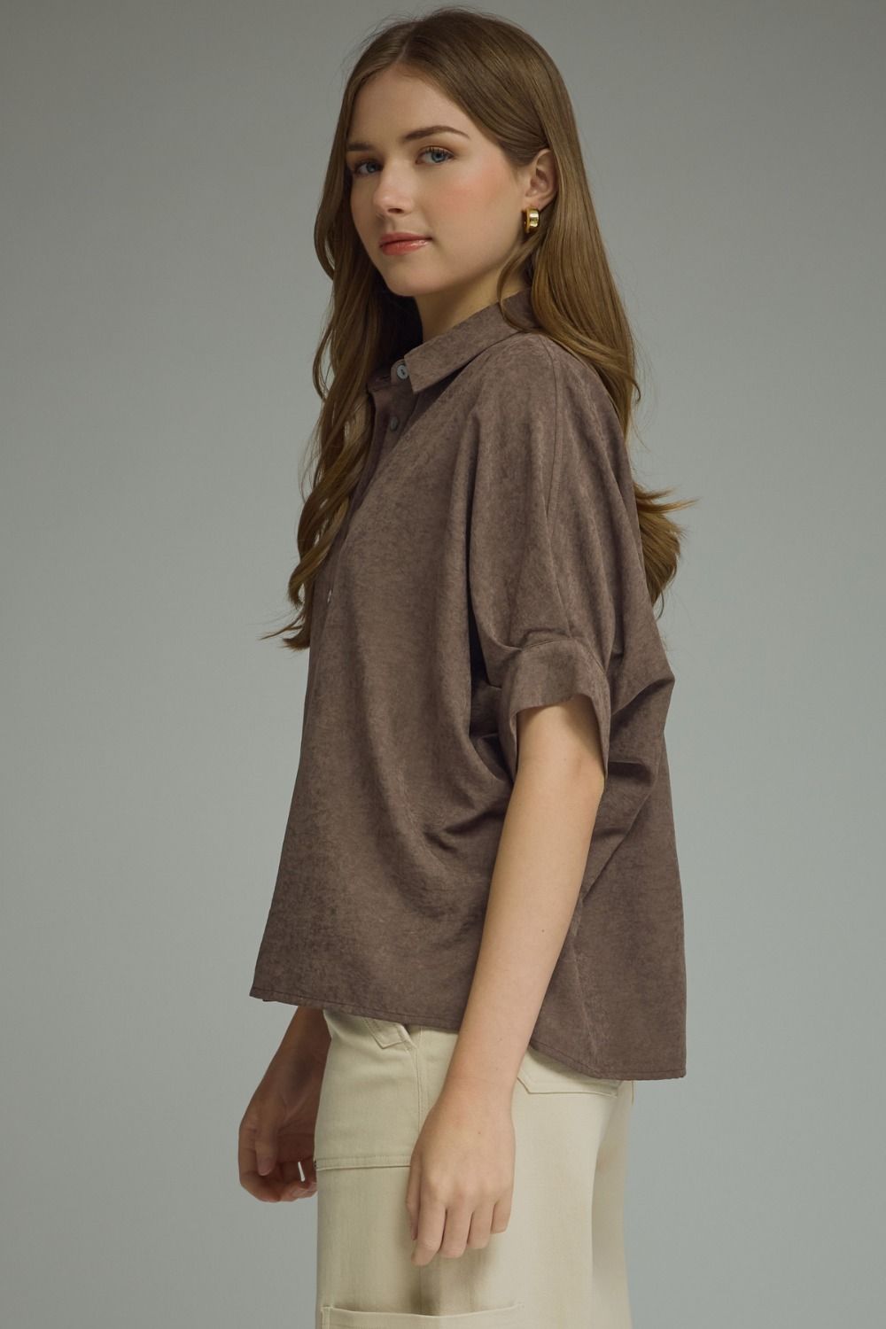 Chocolate Suede Feel Blouse by Entro, dolman sleeve button front top, view 2