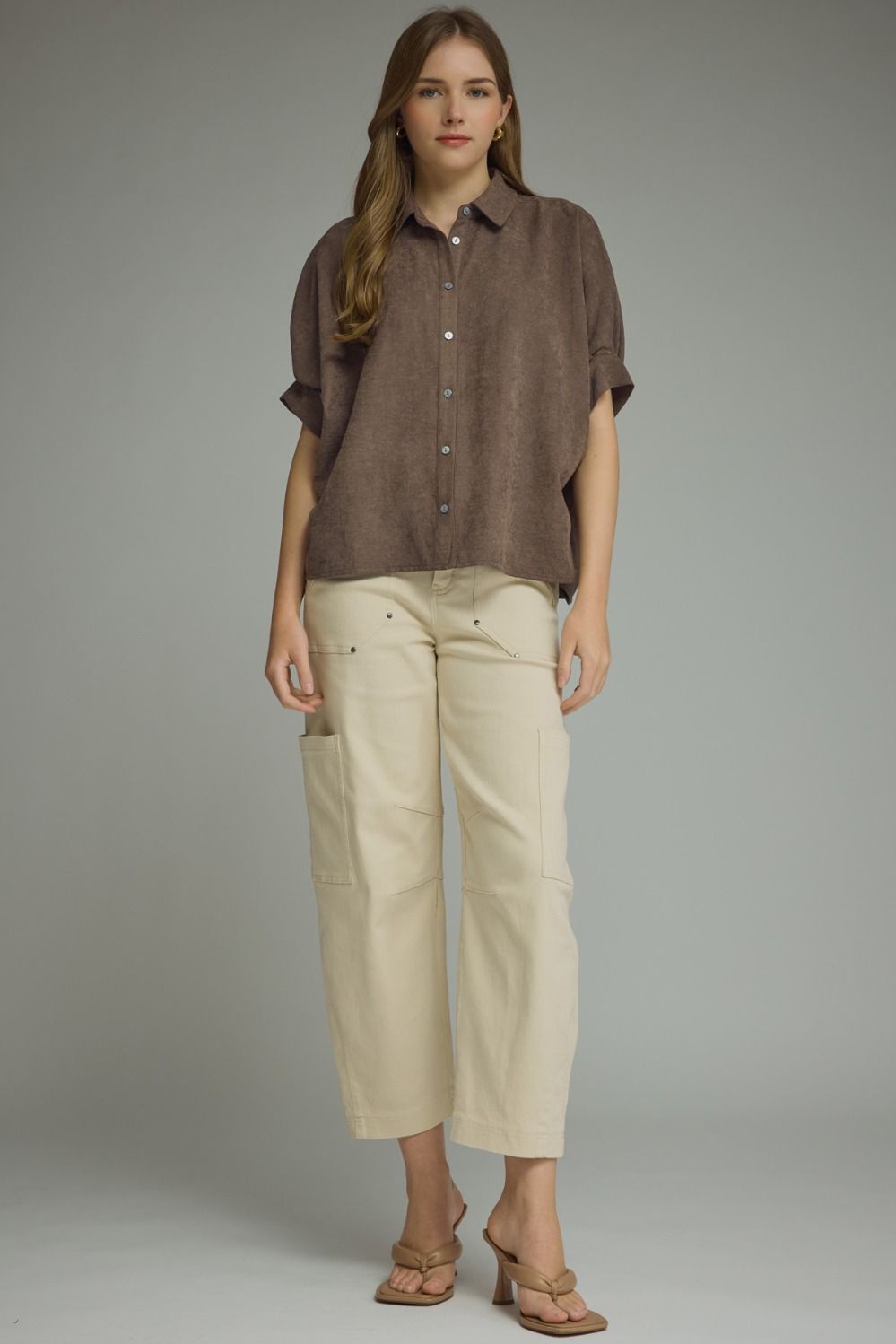 Chocolate Suede Feel Blouse by Entro, view 4