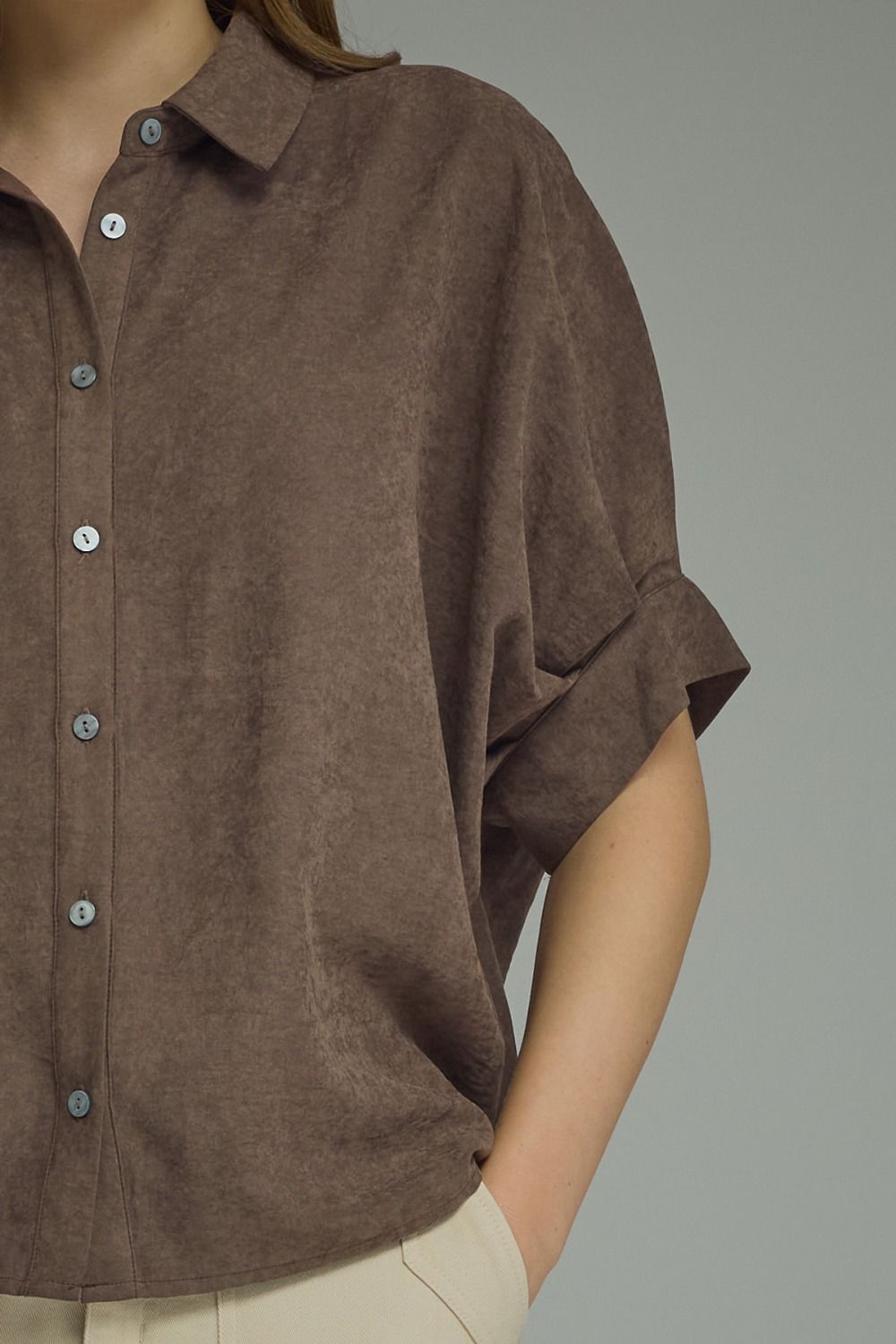 Chocolate Suede Feel Blouse by Entro, view 5