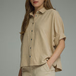 Ecru Suede Feel Blouse by Entro, dolman sleeve button front top, view 2