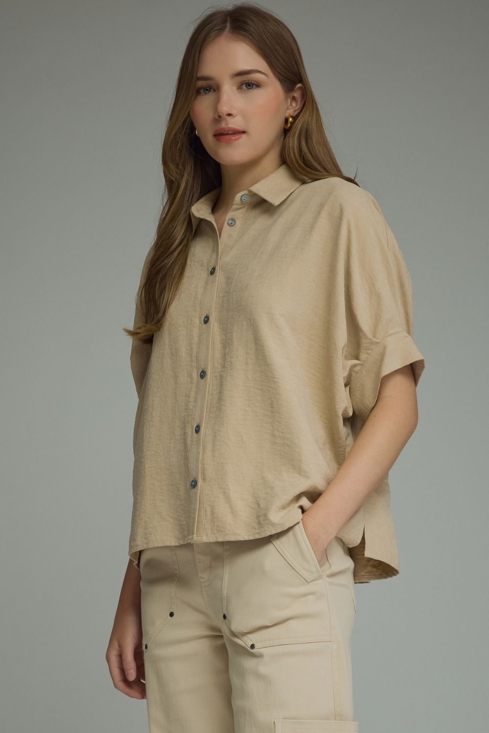 Ecru Suede Feel Blouse by Entro, dolman sleeve button front top, view 2