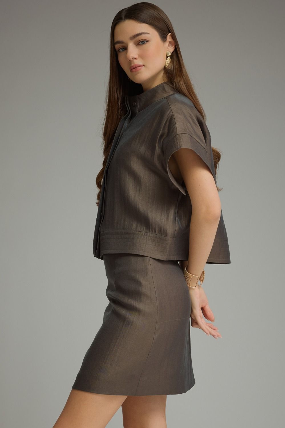 Espresso Tucker Blouse by Entro, cropped high neck blouse, view 2