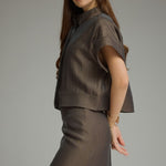 Espresso Tucker Blouse by Entro, cropped high neck blouse, view 2