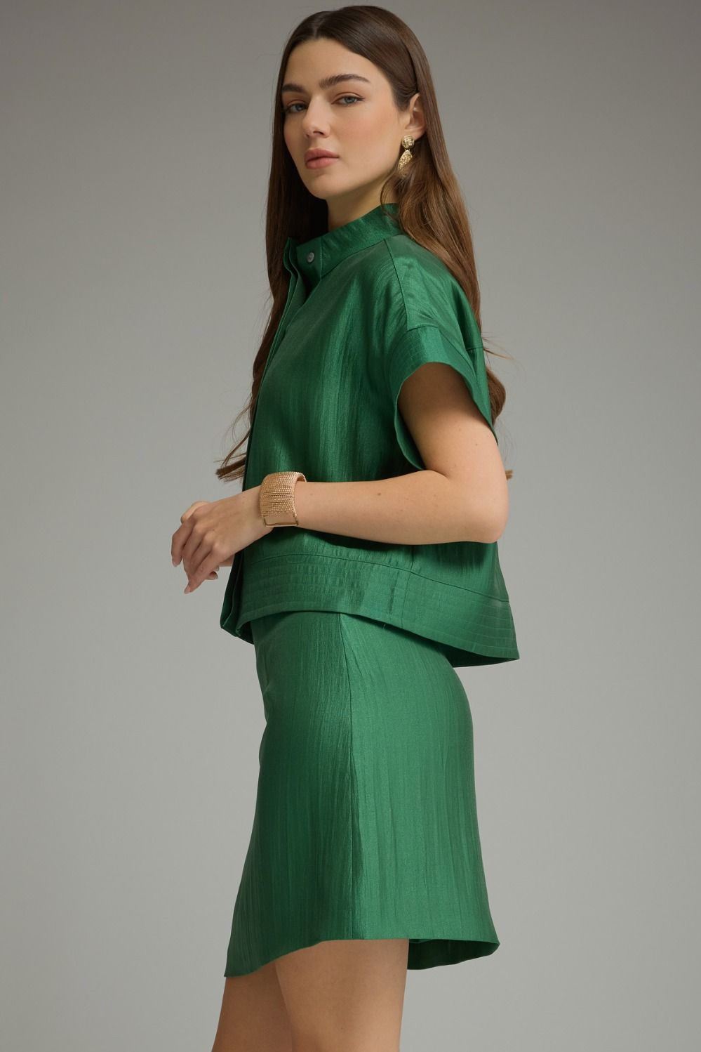Green Tucker Blouse by Entro, cropped high neck blouse, view 2