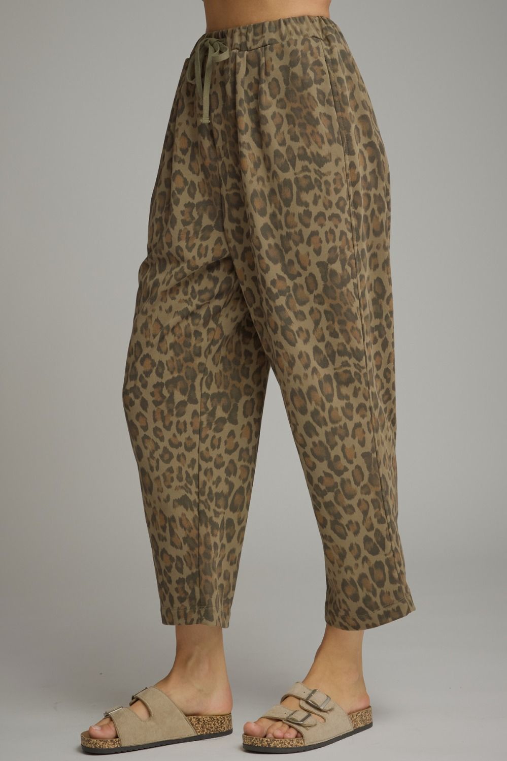 Olive Animal Print Pants by Entro, elastic tie waist ankle pants, view 2