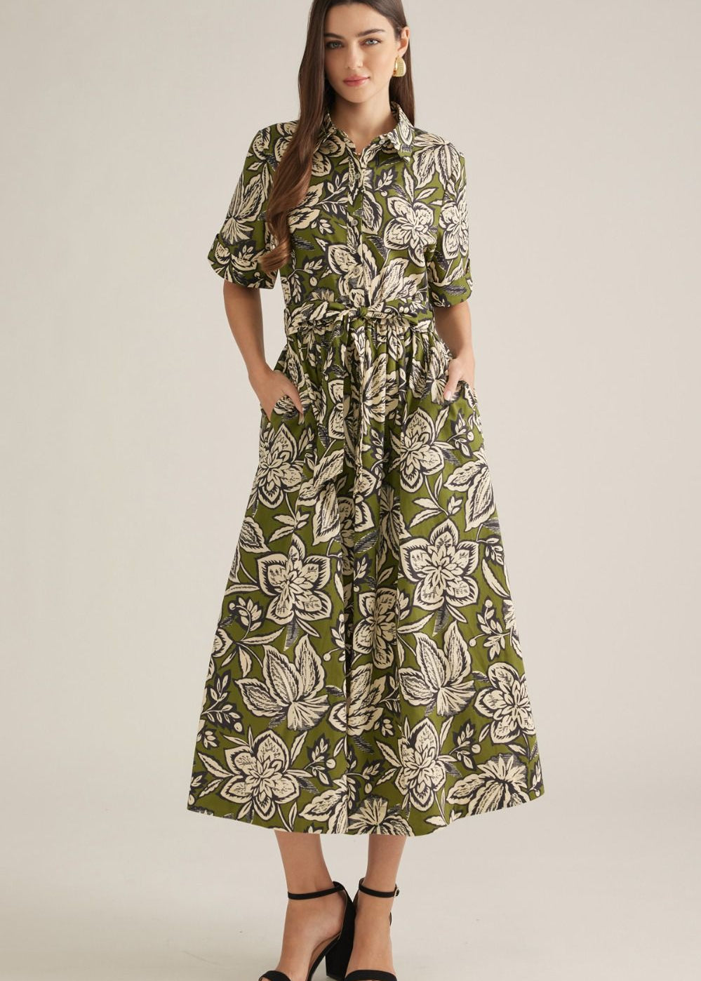 Olive Midi Dress by Entro, floral shirt dress - Chatsworth Boutique, Fairhope Alabama