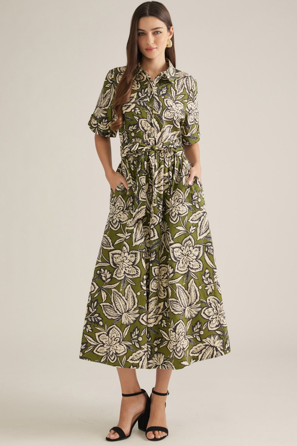Olive Midi Dress by Entro, floral shirt dress - Chatsworth Boutique, Fairhope Alabama