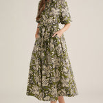 Olive Midi Dress by Entro, floral midi with self-tie waist, view 2