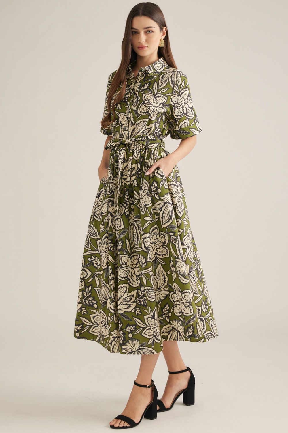 Olive Midi Dress by Entro, floral midi with self-tie waist, view 2