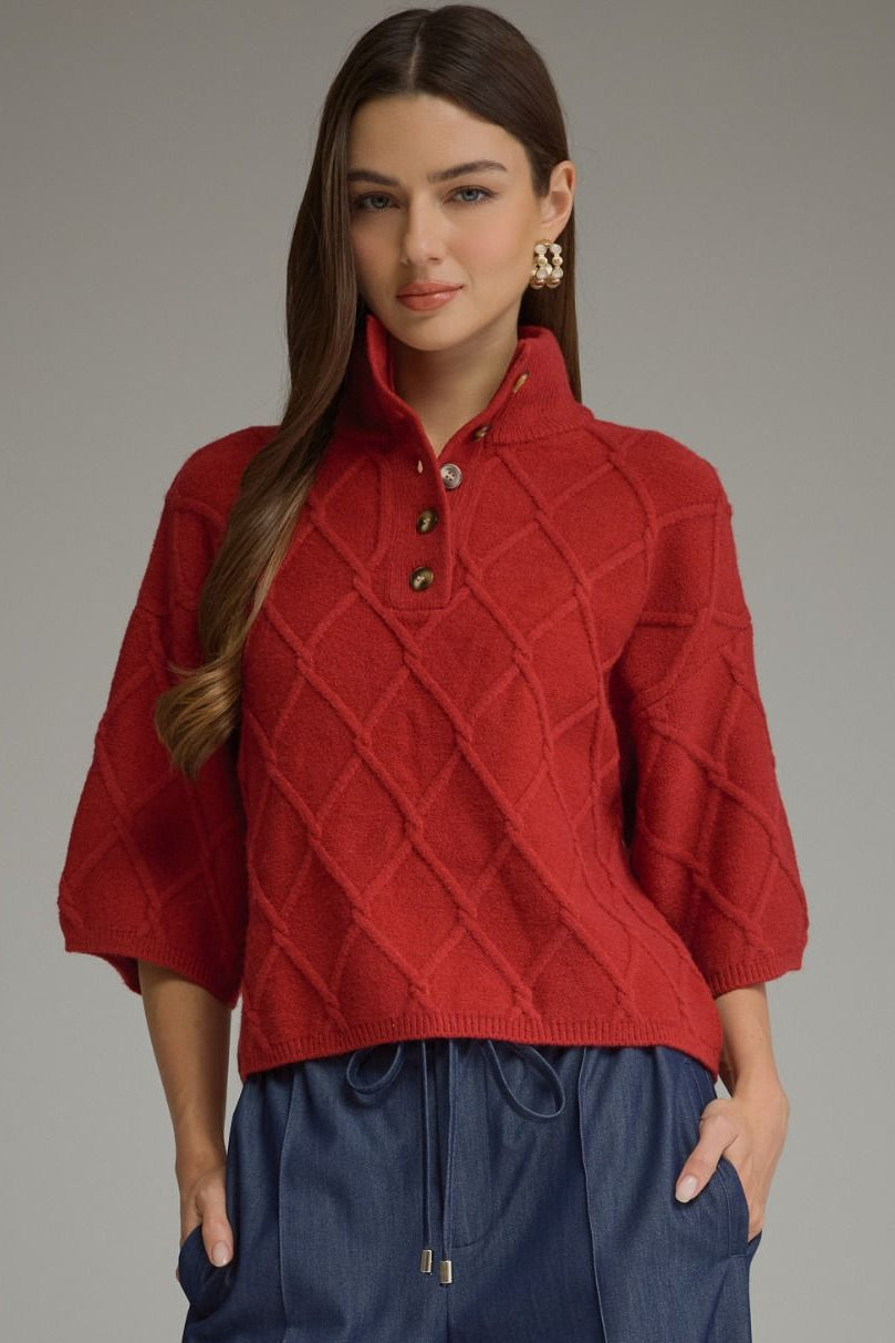 Red Cable Knit Sweater, Entro - worn on model
