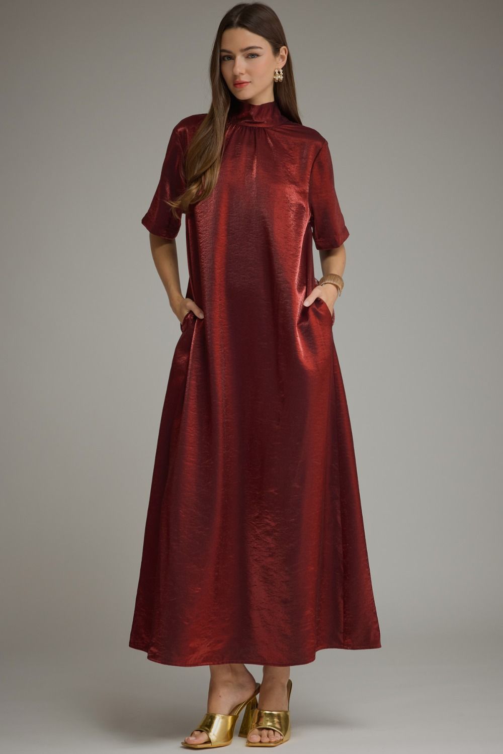 Red Satin Maxi Dress, Entro - front view