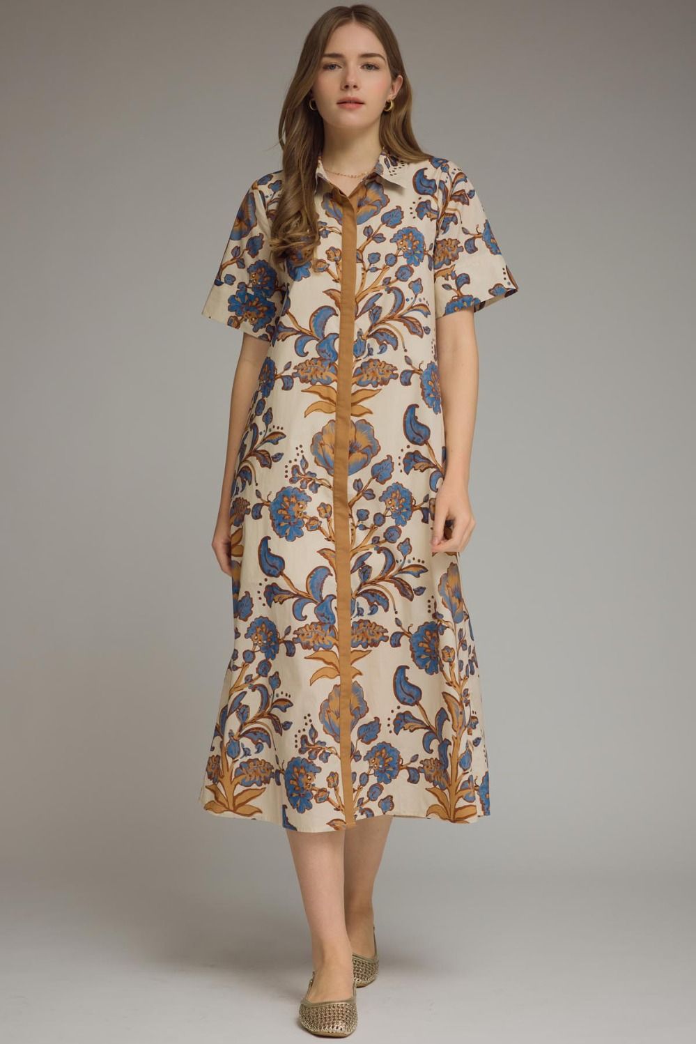 Ivory/Tan Trim Shirtdress Midi - Entro