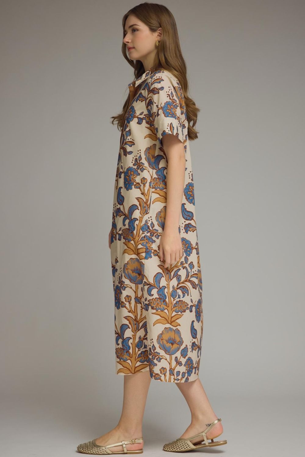 Ivory/Tan Trim Shirtdress Midi, Detail - Entro