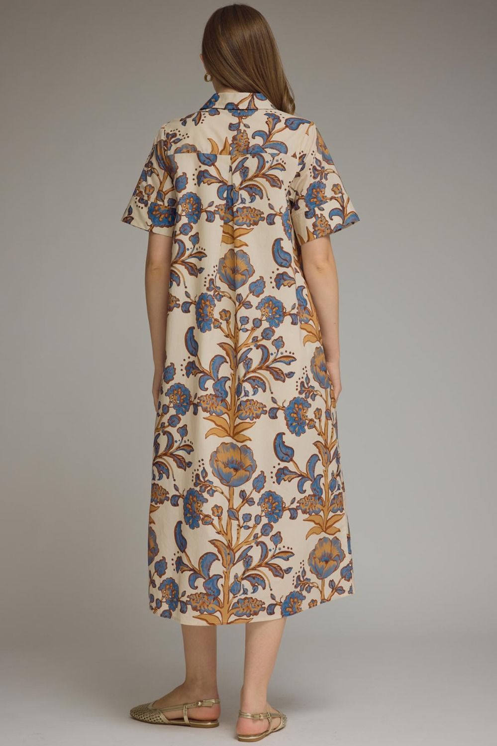 Ivory/Tan Trim Shirtdress Midi, Back View - Entro