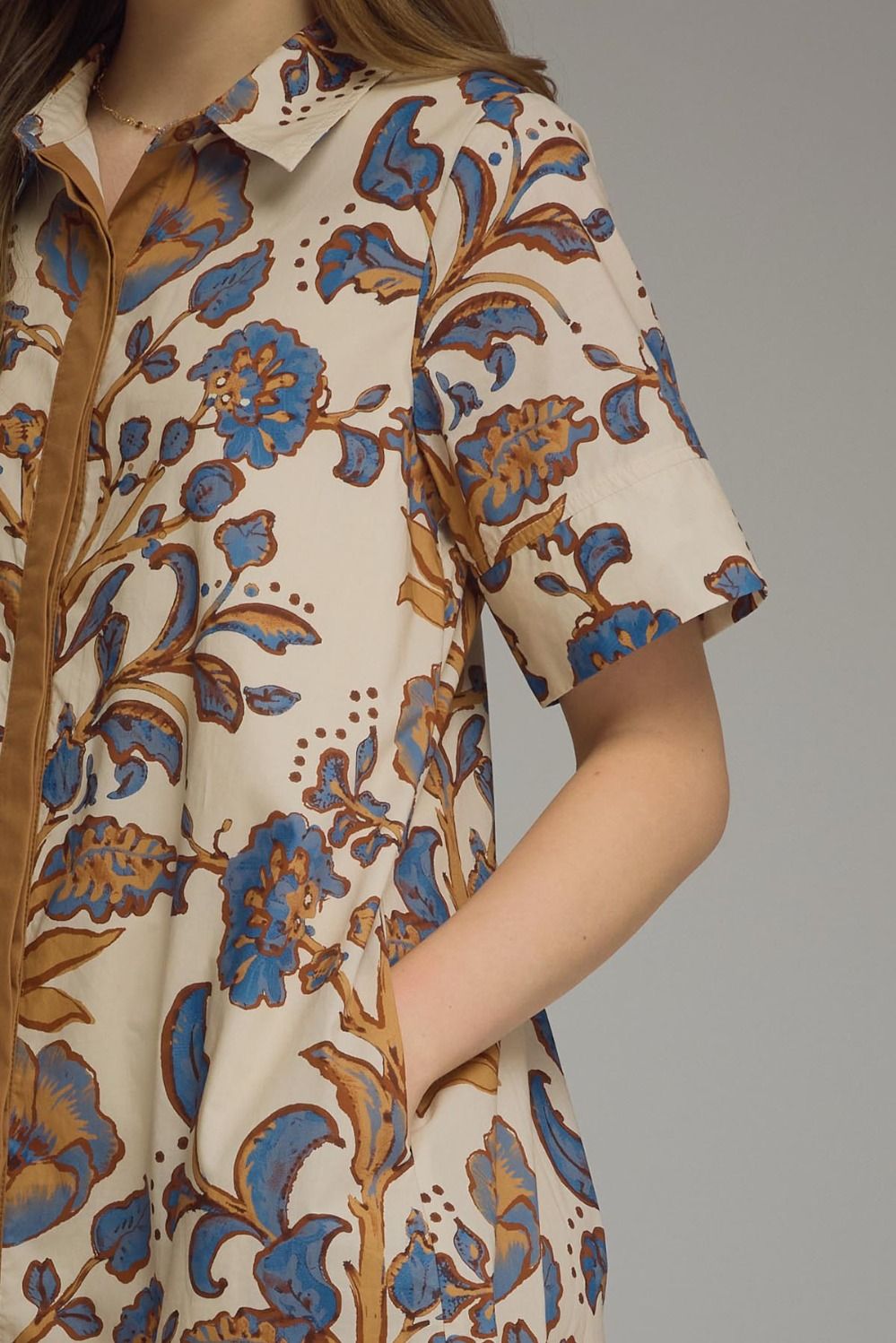 Ivory/Tan Trim Shirtdress Midi, Styled - Entro
