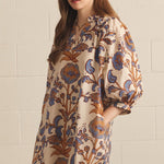 Floral V-Neck Mini, Ivory/Tan, Detail - Entro