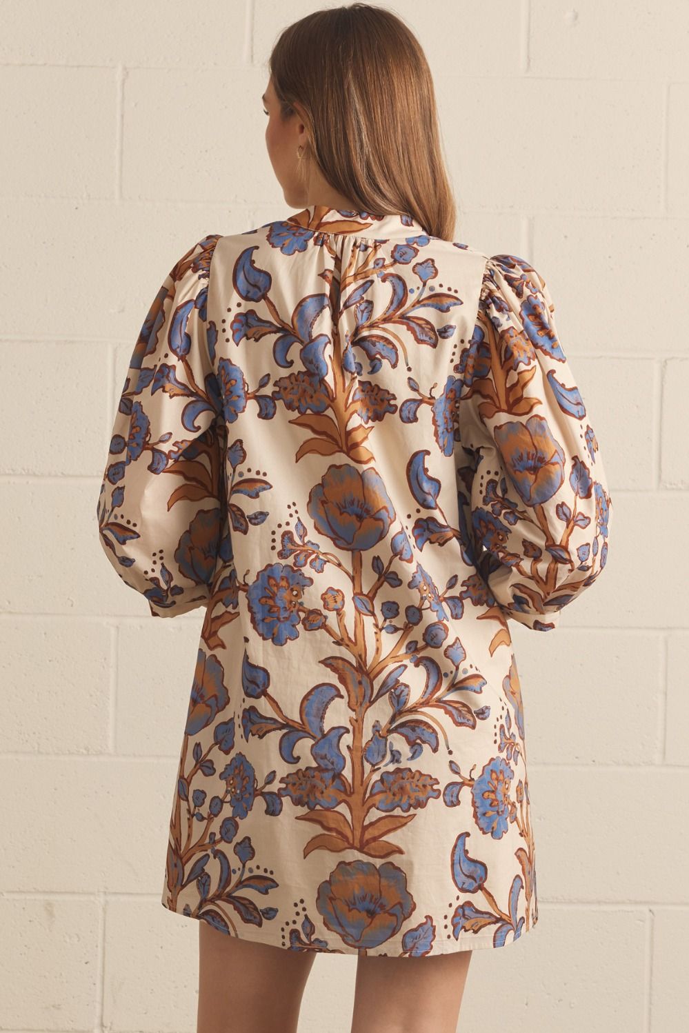 Floral V-Neck Mini, Ivory/Tan, Back View - Entro