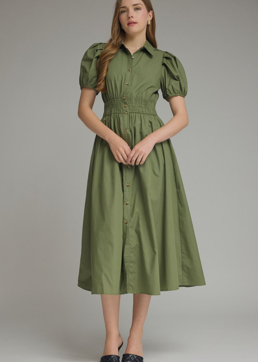 Olive Smock Waist Midi - Entro
