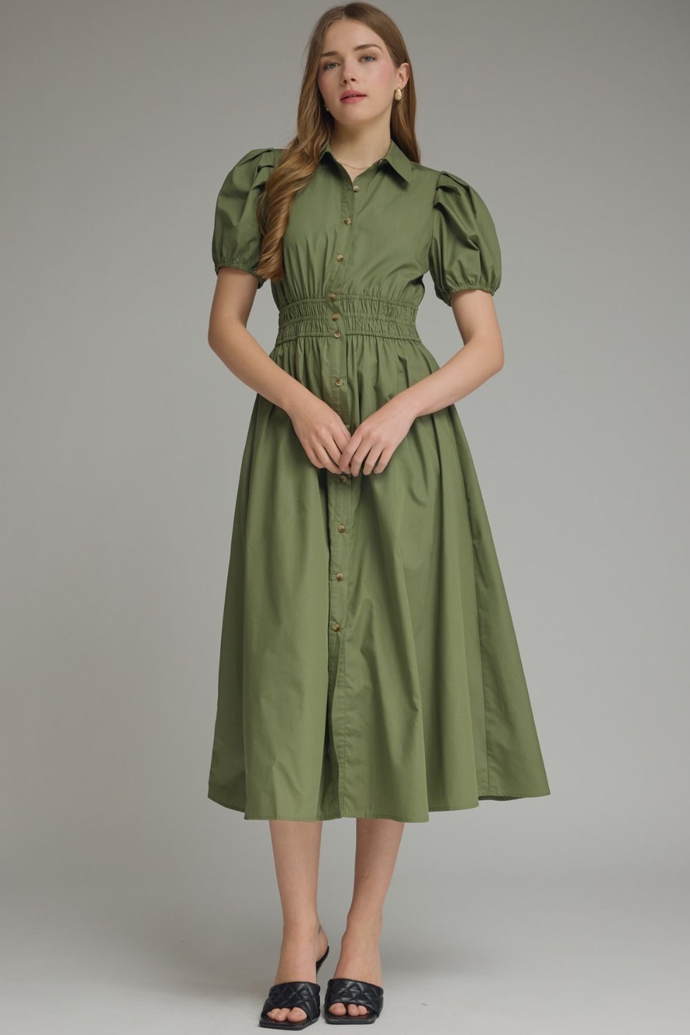 Olive Smock Waist Midi - Entro