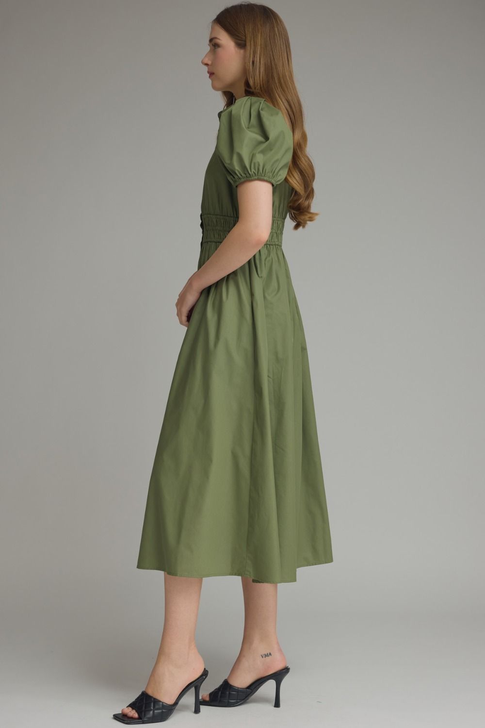 Olive Smock Waist Midi, Detail - Entro
