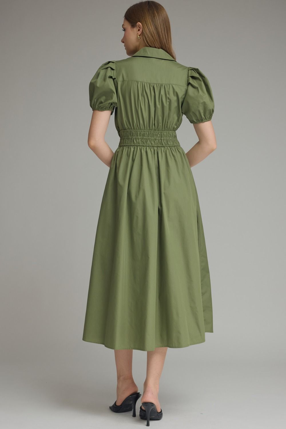 Olive Smock Waist Midi, Back View - Entro