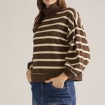 Chocolate Striped Mockneck Sweater, view 2