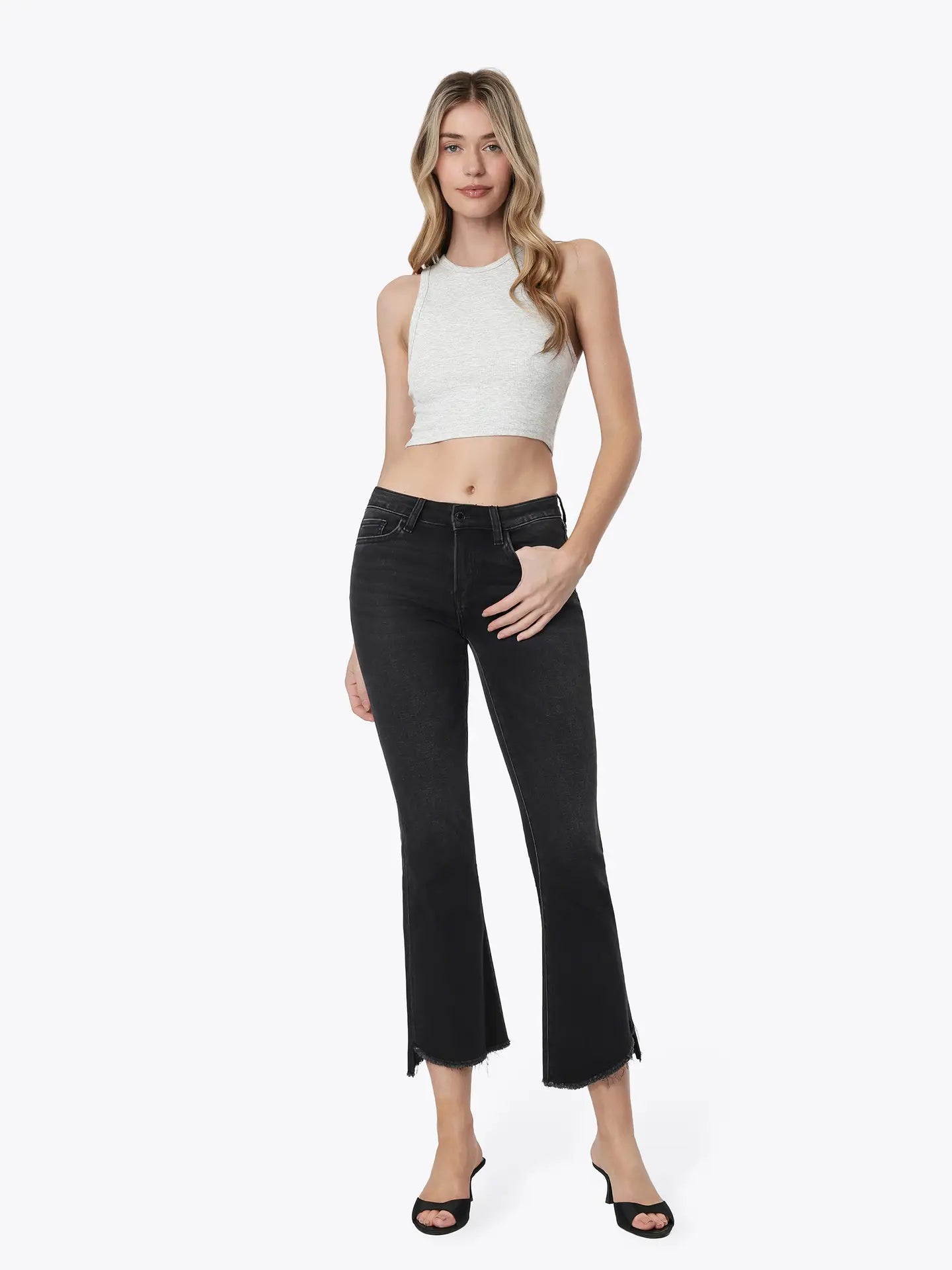 Mid Rise Raw Hem Crop Flare, Black, Detail - VERVET