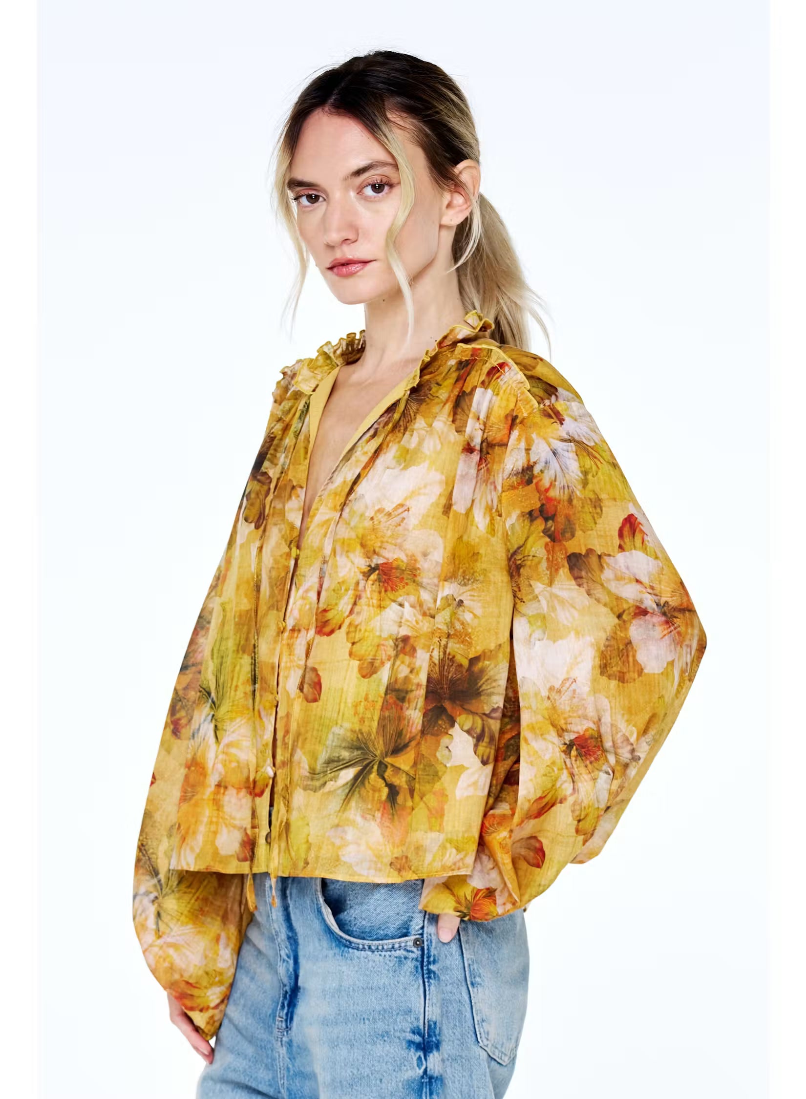 Golden Multi Button Blouse, Detail - Ciebon
