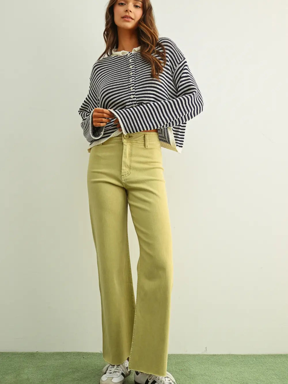 Straight Wide Leg Denim, Olive Mist, Detail - Miou Muse