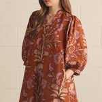 Front view of the Floral V-Neck Mini in rust by Entro, showing the 3/4 puff sleeves and V-neck detail, from Chatsworth Boutique.