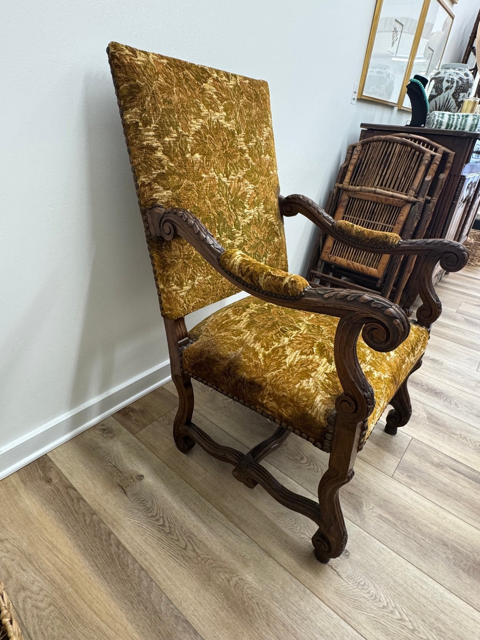 French Arm Chairs - Green w/ Nailheads (pair) - Chatsworth Boutique