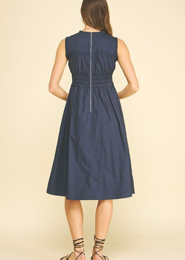 Navy Smocked Midi Dress