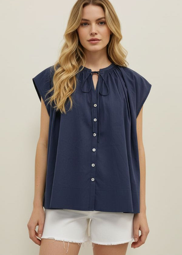 Navy Tie Neck Blouse