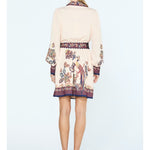 Cream Peacock Print Mini Dress, Blue Ribbon Belt Detail - Ciebon