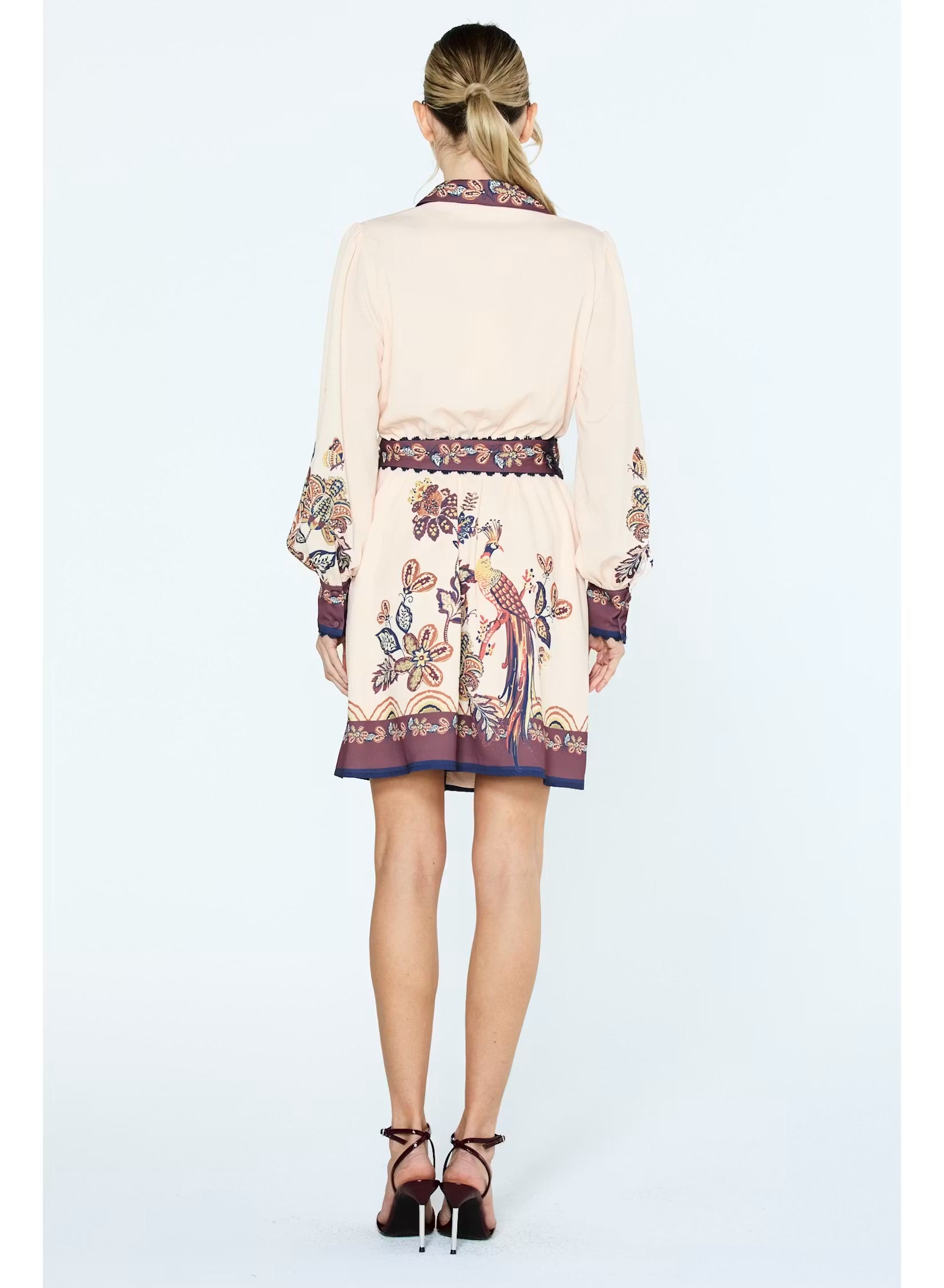 Cream Peacock Print Mini Dress, Blue Ribbon Belt Detail - Ciebon
