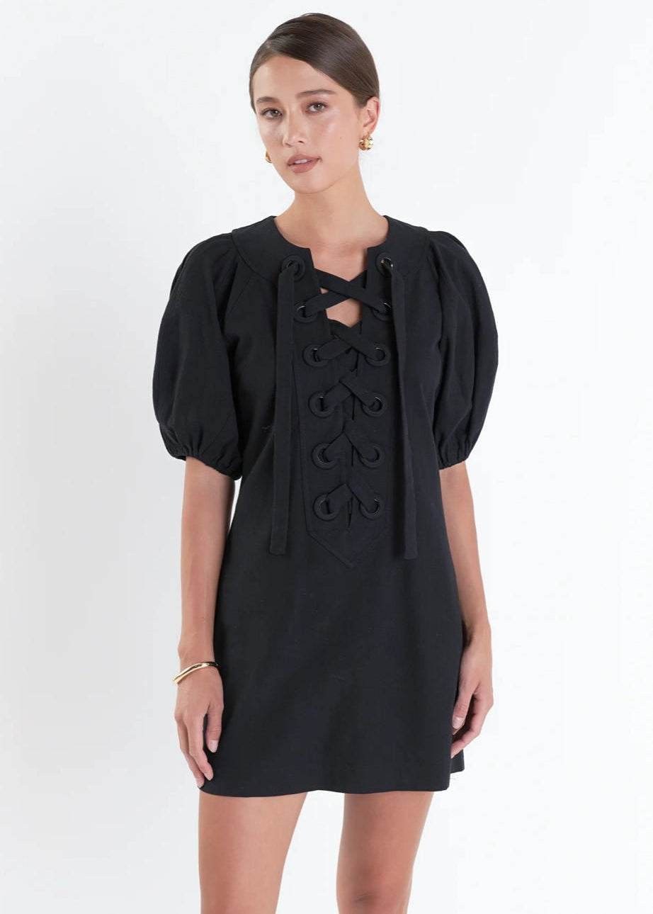 Laced Up Puffed Sleeve Mini Dress - Chatsworth Boutique
