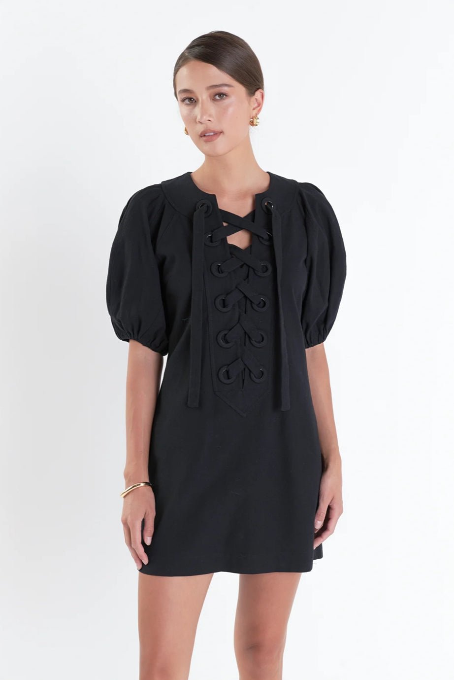 Laced Up Puffed Sleeve Mini Dress - Chatsworth Boutique