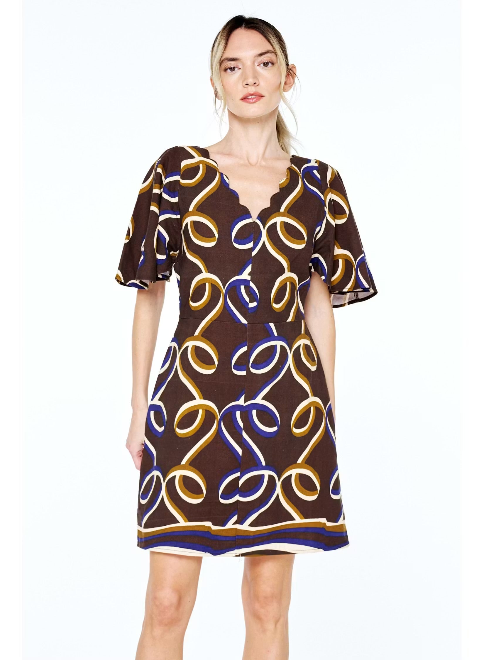 Ribbon Print Brown Mini Dress - Ciebon