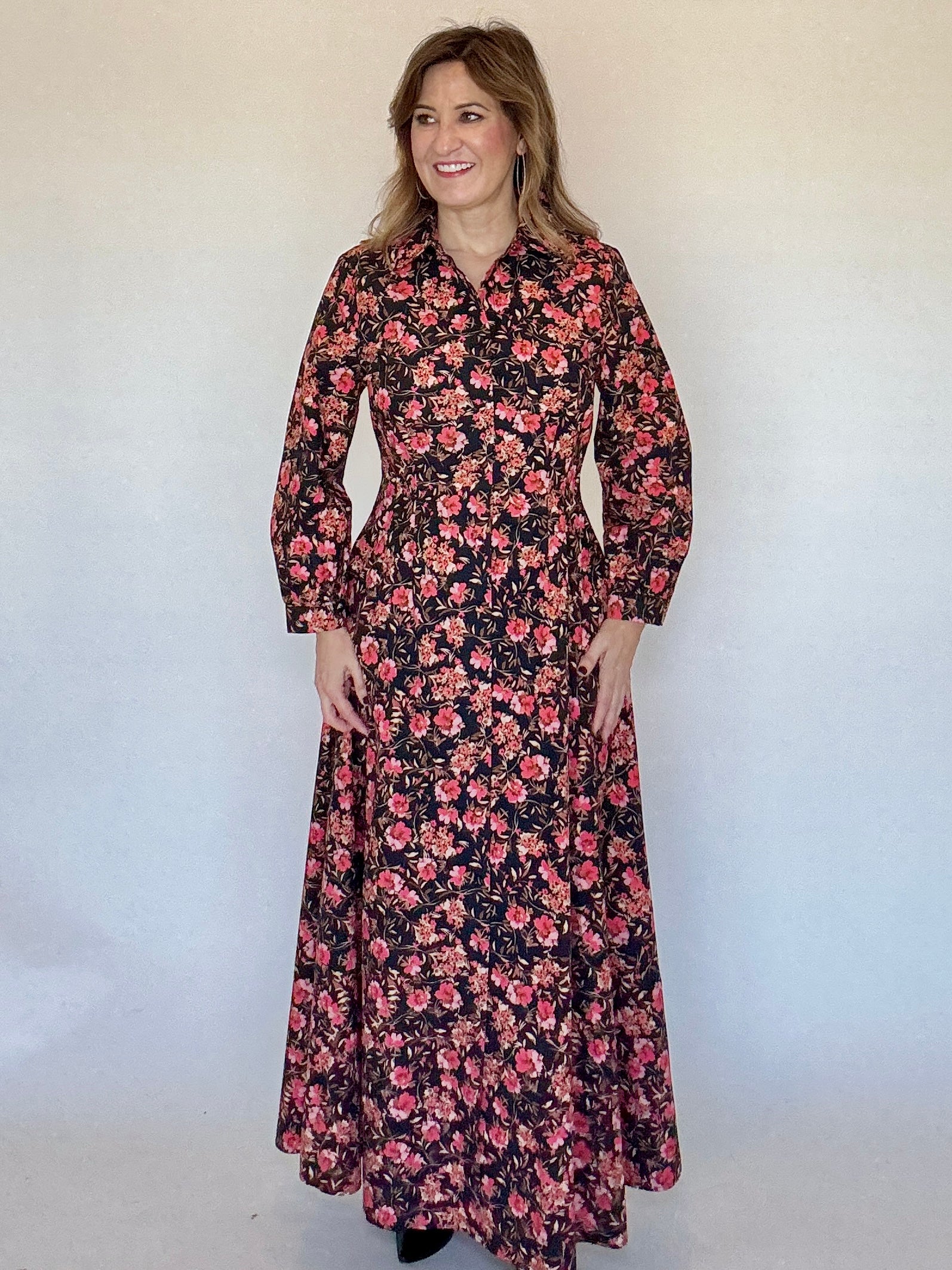 Callie Dress in Sakura Floral by LaRoque, long-sleeve floral maxi shirtdress