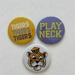 LSU game day pin-back button set featuring Tigers Tigers Tigers, Play Neck, and Tiger Mascot designs, from Chatsworth Boutique in Fairhope, Alabama.