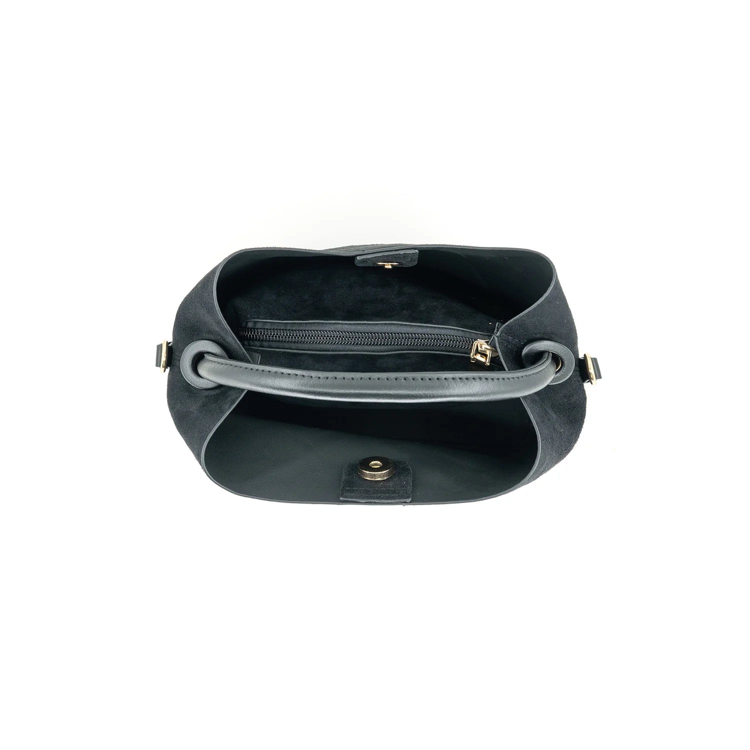 Lucia Bag in black faux suede, interior view - Chatsworth Boutique