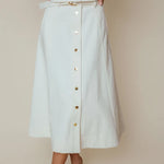 LaRoque Haven Skirt in Ivory, A-line cotton twill with gold buttons and belted waist
