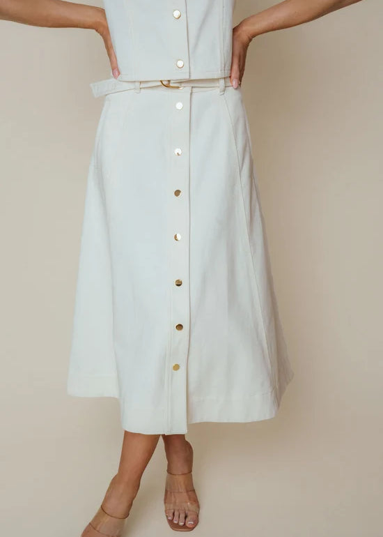 LaRoque Haven Skirt in Ivory, A-line cotton twill with gold buttons and belted waist