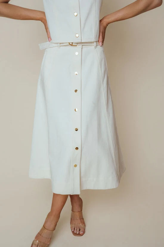 LaRoque Haven Skirt in Ivory, A-line cotton twill with gold buttons and belted waist