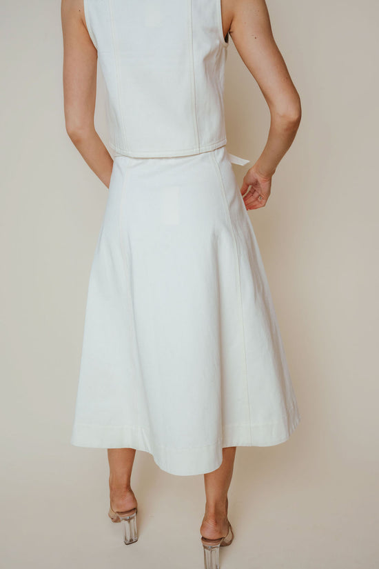LaRoque Haven Skirt in Ivory, front view, belted waist and gold button detail
