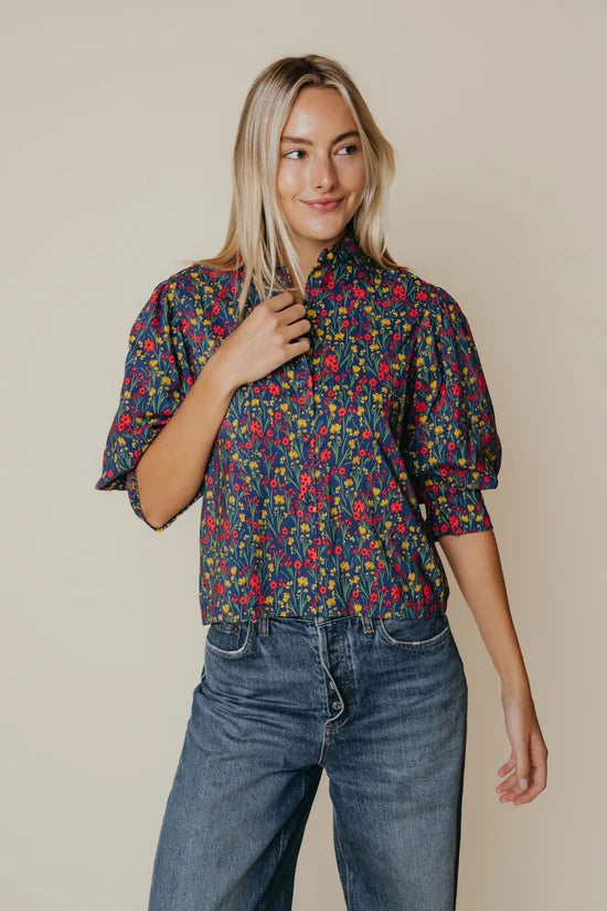Strahley Top in Ditsy Floral, cotton poplin button-up with collar, women's top