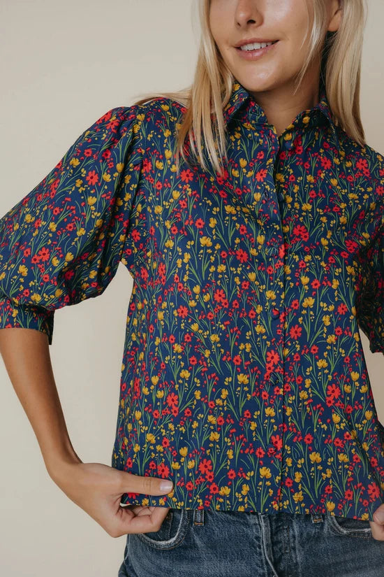 Strahley Top in Ditsy Floral, front view, cuffed quarter-length sleeve