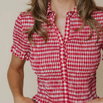 LaRoque Ziggy Top in Red and Cream Check, front view, button placket detail