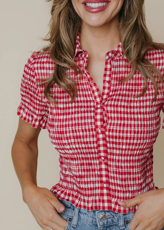 LaRoque Ziggy Top in Red and Cream Check, front view, button placket detail
