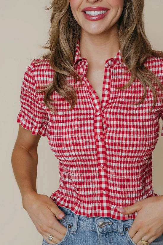 LaRoque Ziggy Top in Red and Cream Check, front view, button placket detail